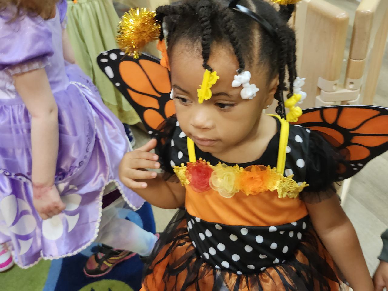 A girl in an adorable Monarch Butterfly costume!