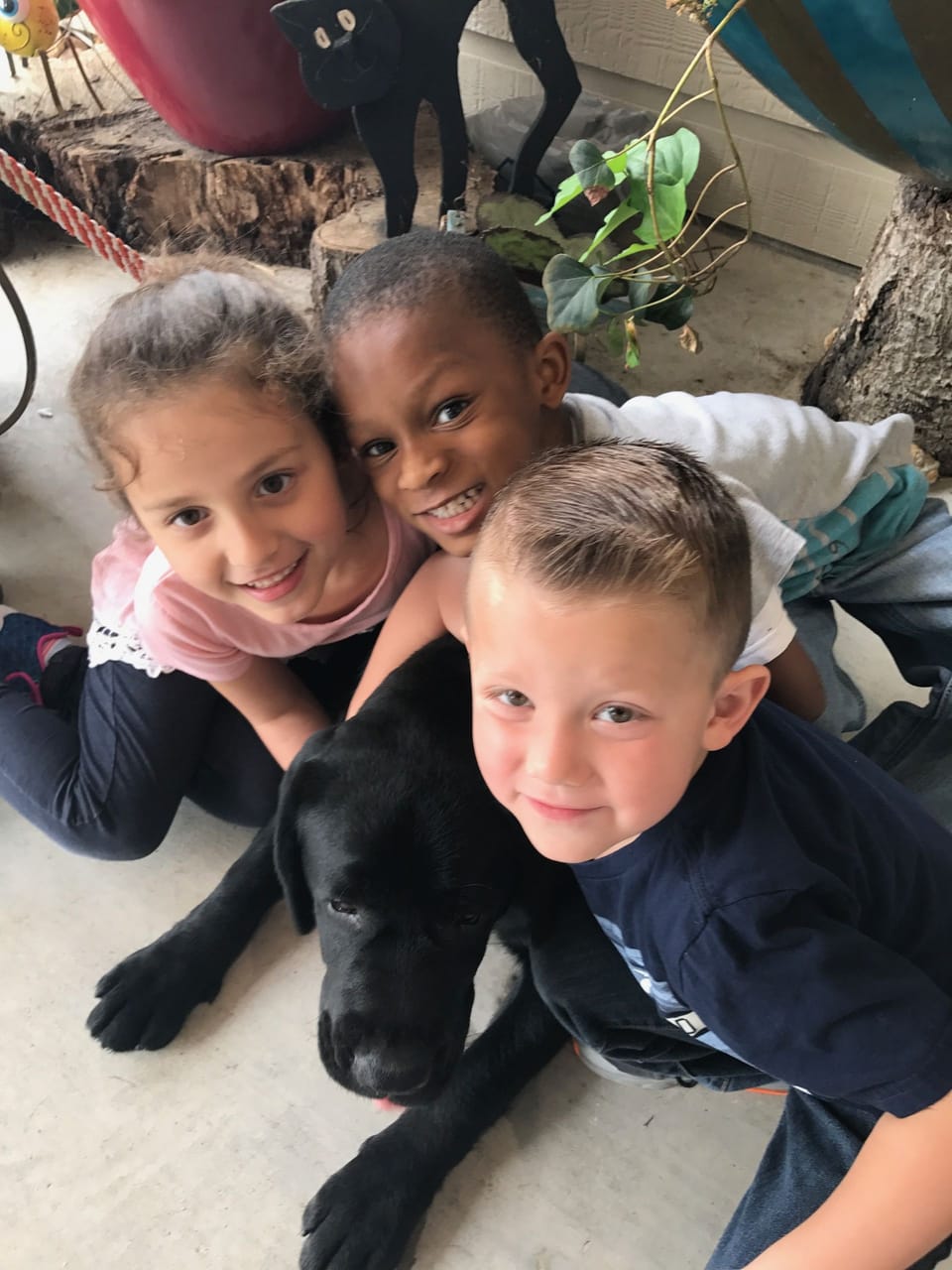 Three smiling children hugging Baron, a black Labrador Retriever, on the porch.